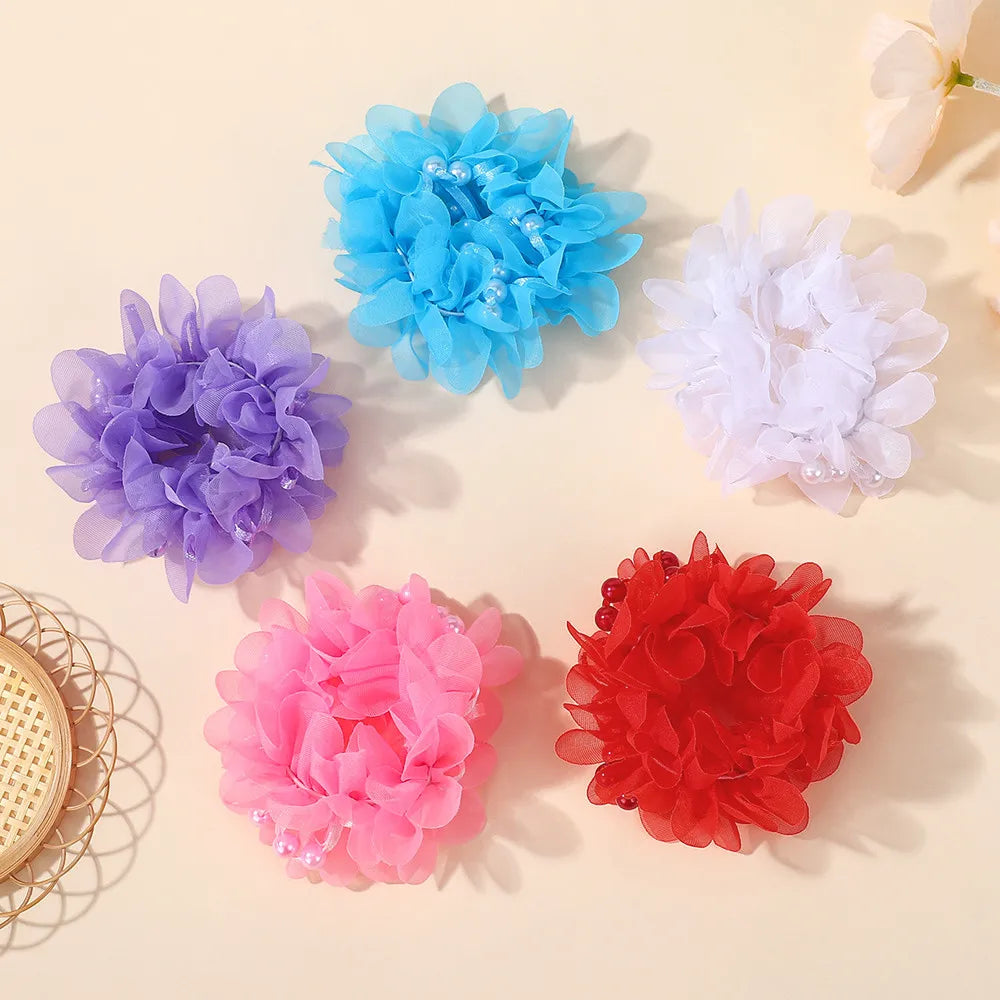 2Pcs Kids Hair Bands Set for Girls Elastic Rubber Bands Chiffon Flowers Beads Ponytail Holder Children's Hair Accessories Gift