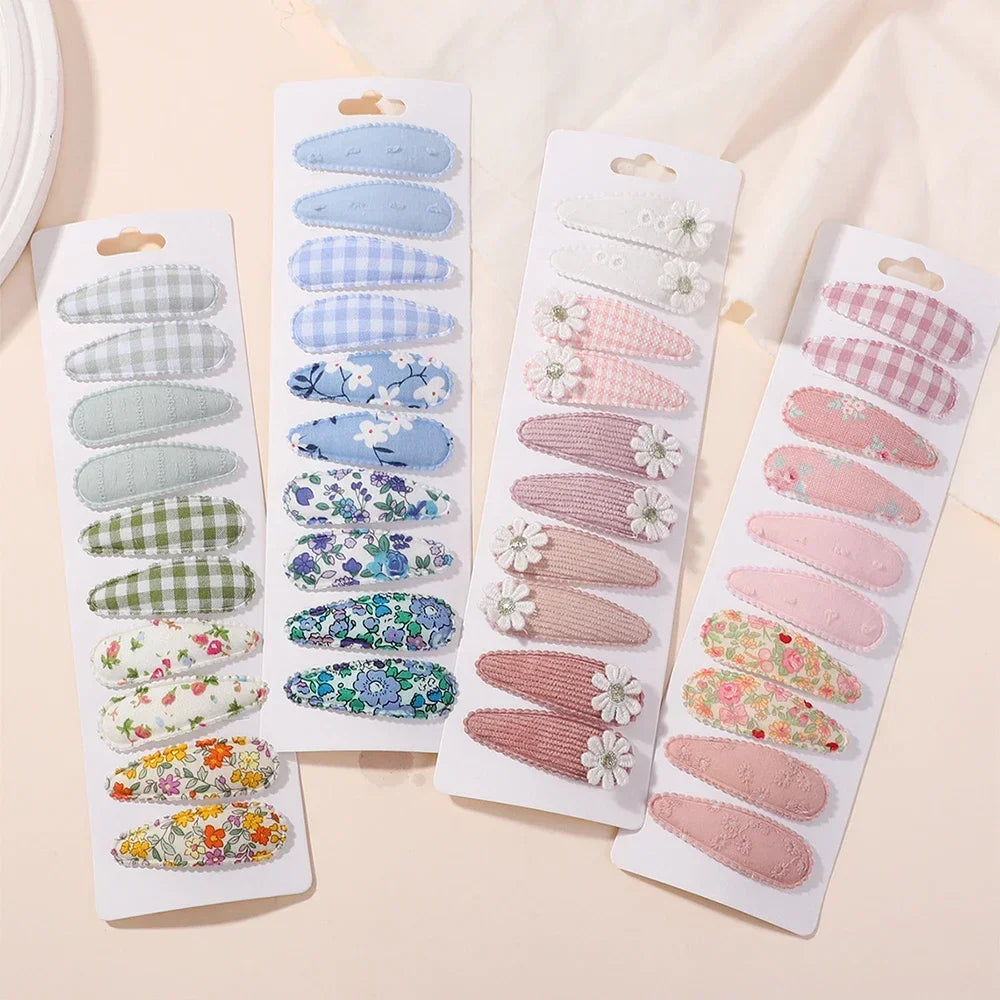 10pcs/set Baby Kids Fresh Print Cotton Alloy Hair Clips Fabric Plaid BB Hairpins Toddler Hairgrips Headwear Hair Accessories