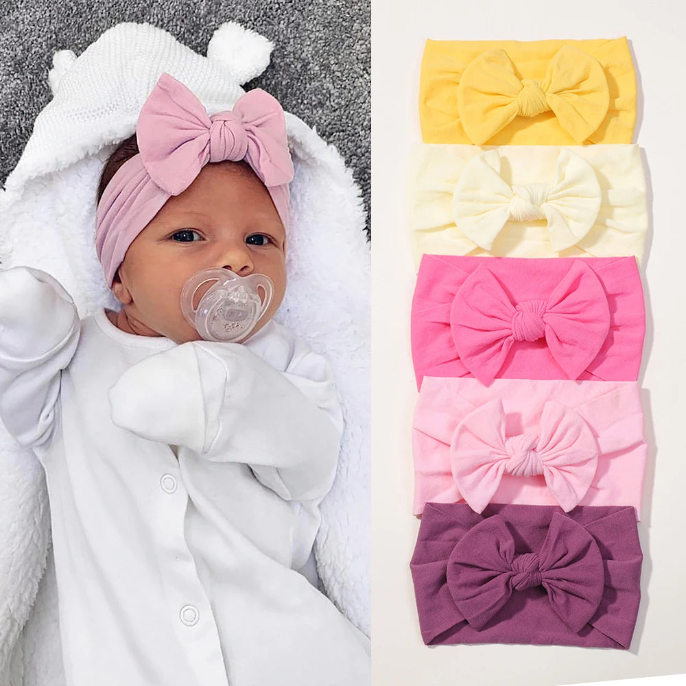 5Pcs/lot Bright Nylon Solid Color Baby Headband Set 3.5inch Bowknot Casual Headties Soft and Non Damaging To Hair
