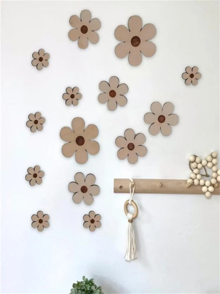 14Pcs/Set Nordic Style Wooden Round Daisy Home Background Wall Decoration Wooden Wall Stickers Holiday Decoration Wall Crafts Home Room Wooden Balloon Wall Stickers Homestay Coffee Bar Decorative Wall Decor