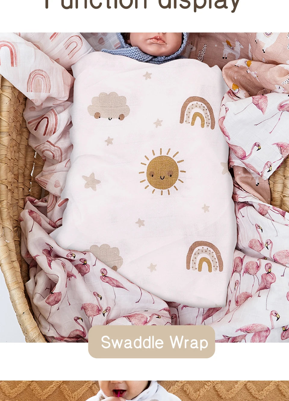 Elinfant 3PCS Bamboo Cotton Muslin Swaddle Blanket Newborn Swaddle Wrap Soft Cozy Nursing Cover Baby Quilt Swaddle Blankets