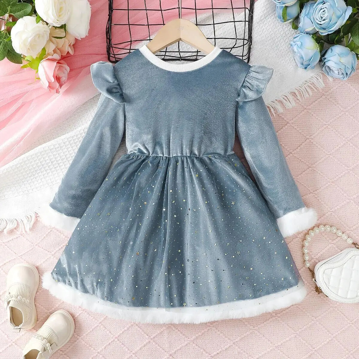 Girls Satin Stars Tulle Ceremonial Dress for Ages 4 to 7 Round Neck Autumn Party Fashion