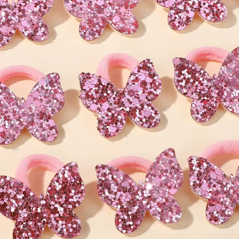 20Pcs/lot Sequin Butterfly Hairbands for Children No Harm To Hair Cartoon Towel Rope Girls Ponytail Holder Rubber Band Headwear