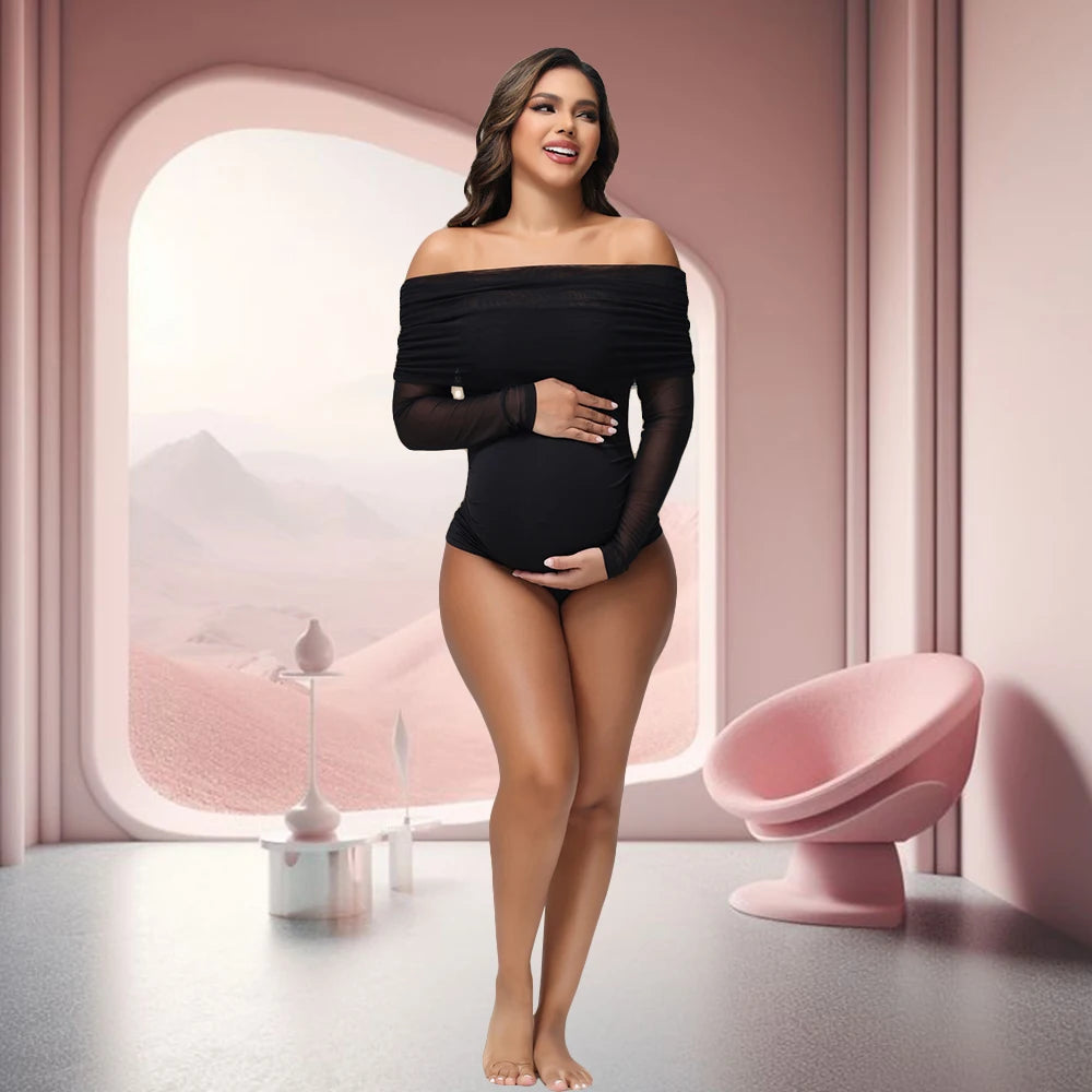 Maternity Photoshoot Bodysuit Long Sleeves Off-Shoulder Mesh Collar Bodycon Sexy See-Through Photography Jumpsuit