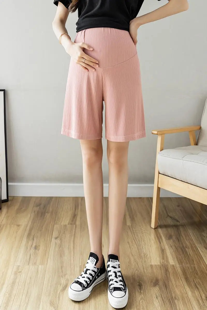 Summer Korean Style Pregnant Woman Ice Silk Shorts Knee-length Adjustable Waist Solid Color Maternity Wide Legs Straight Shorts