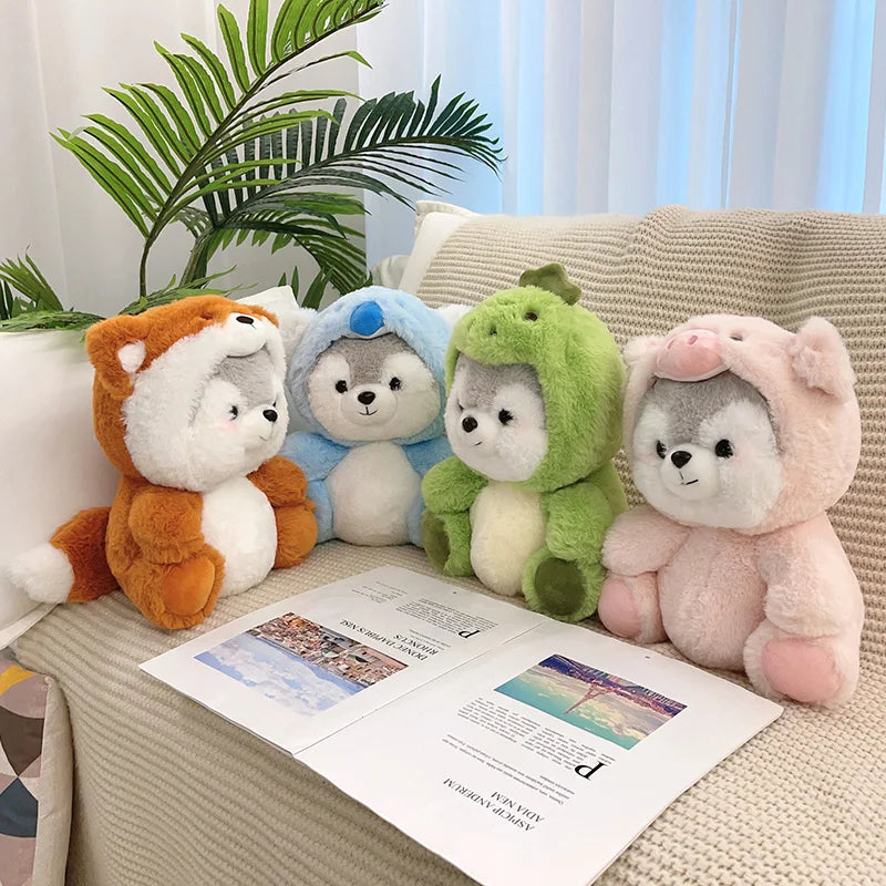 New Creative Cute Husky Dog Plush Toy Stuffed Kawaii Puppy Dog Transform to Pig Koala Dinosaur Fox Cartoon Soft Animal Doll