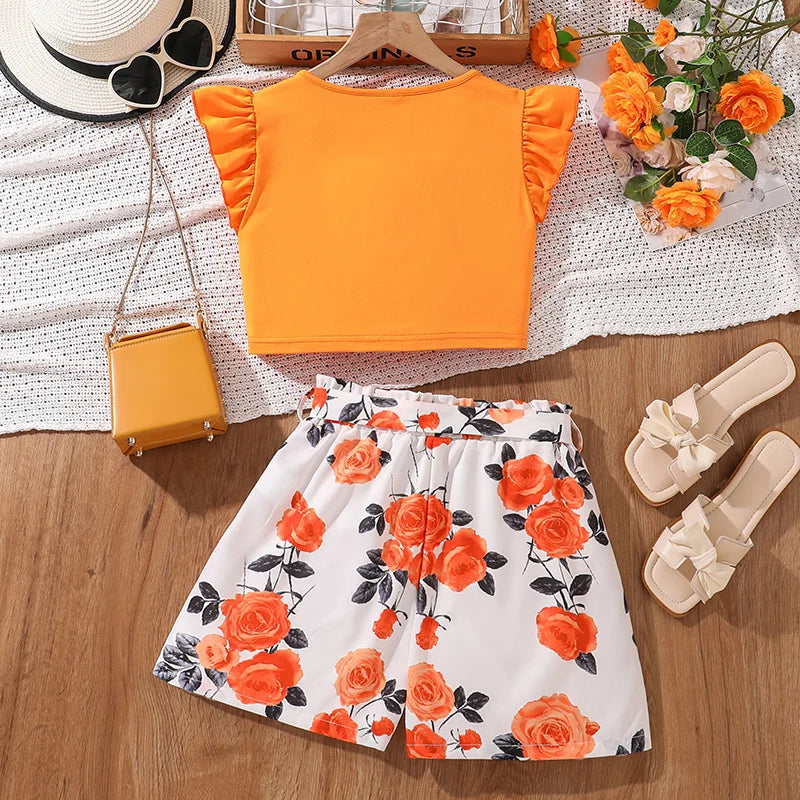 Kids Clothing Sets Tween Girls Outfit Orange Knot-Hem Crop-Top & Flowers Parinted Shorts 2PCS Summer Vacation Sets