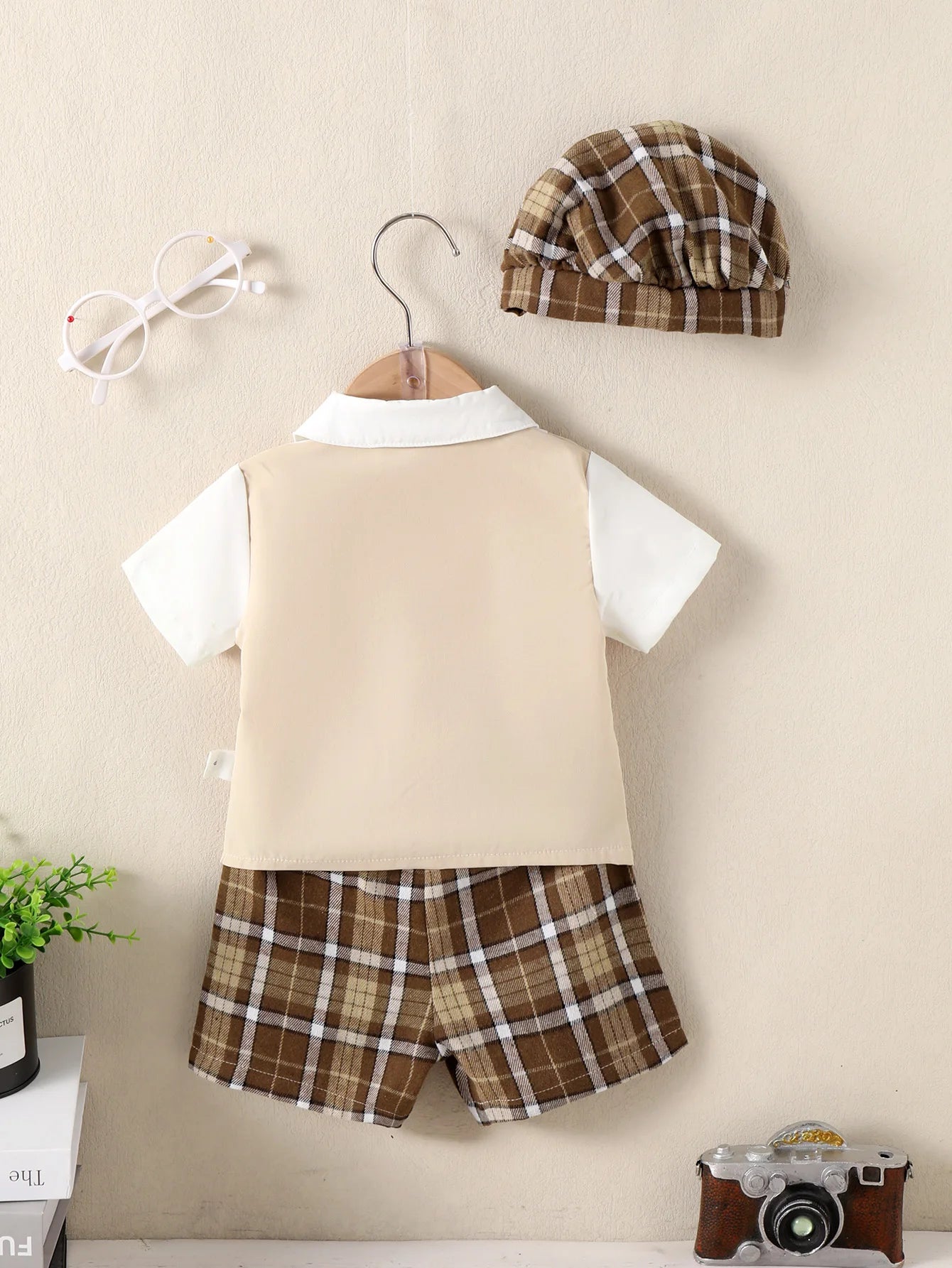 3Pcs Male baby gentleman style set patchwork short sleeved top, checkered shorts, and hat set for 9-24 Months Summer boys Set