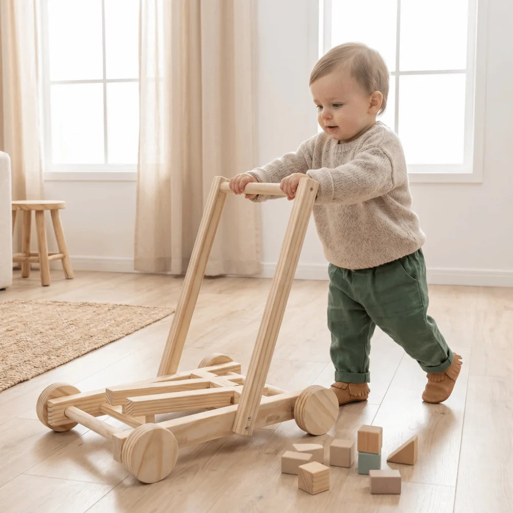 Adjustable Speed Height No-Knot Wood Baby Walker Wheeled Push-Pull Durable Baby Walking Trainer Safe Sturdy Non-Toxic