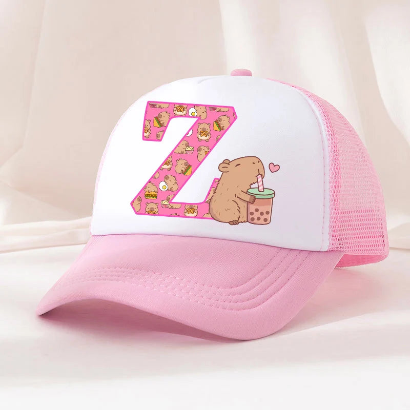 Capibara Baseball Cap Girls Women Anime Capybara Letter A-Z Sun Hat Kids Adult Summer Breathable Mesh Sunbonnet Outdoor Headgear