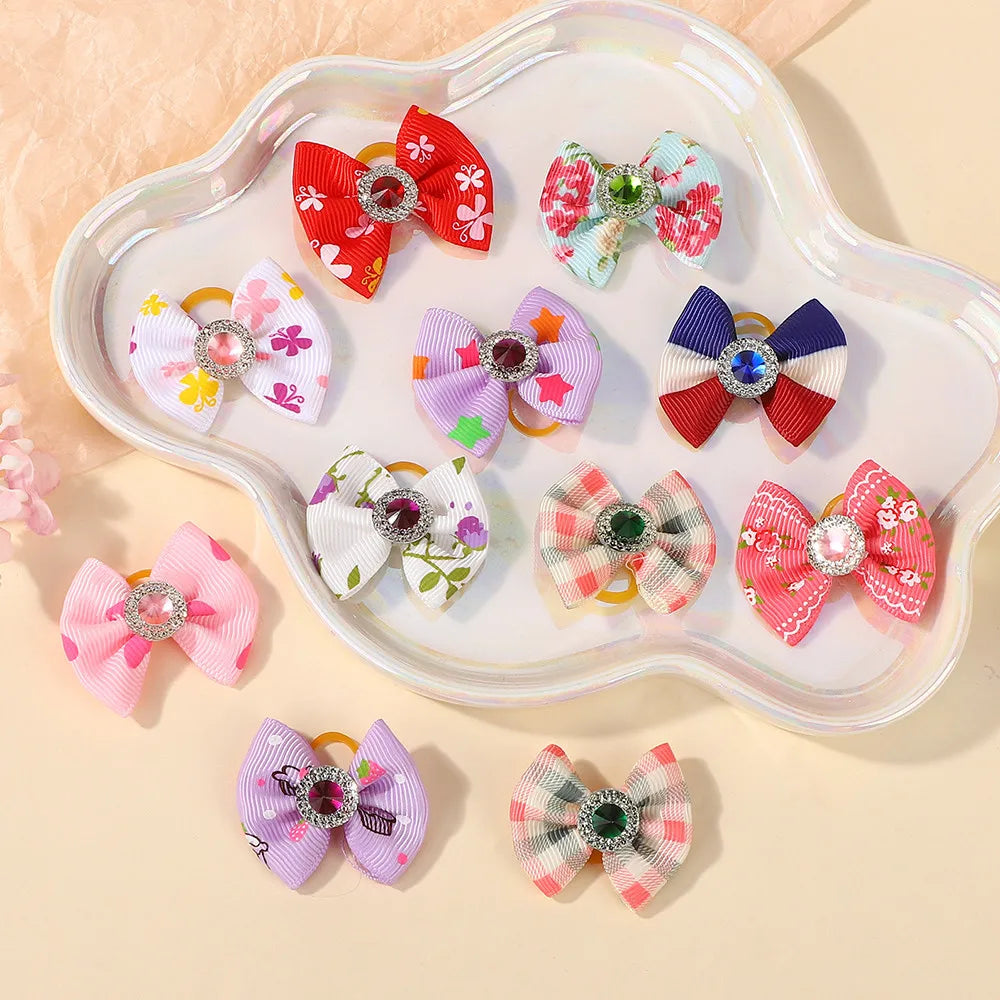 Random Color 20Pcs Mini Bowknot Hair Band for Girls Hair Accessories Dopamine Color Elastic Rubber Band Exquisite Gem Head Tie