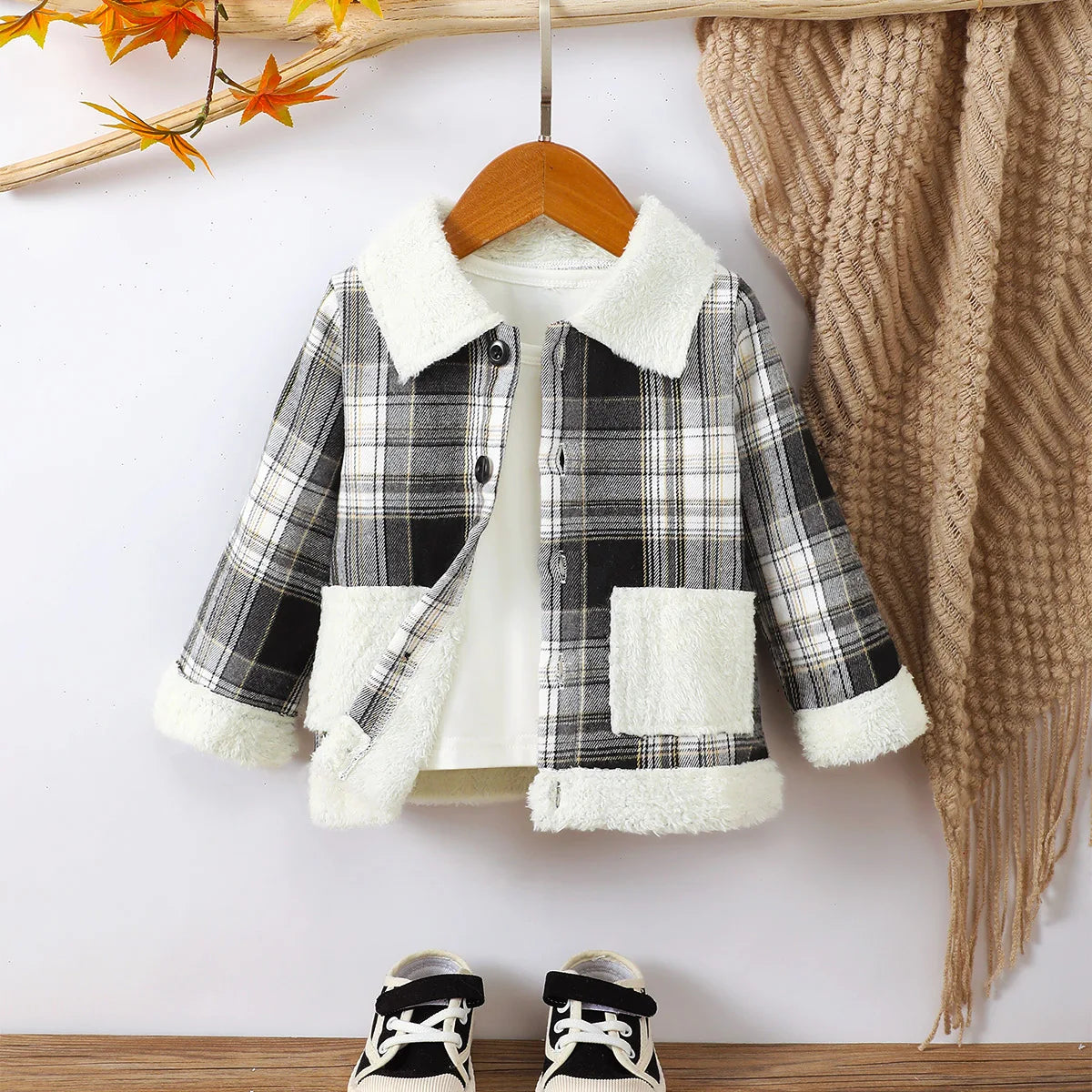 Children's clothing1-5 Year old Girls' Coat With Black and White Checkered Buttons and lapel Baby Girls' Autumn and Winter Coat