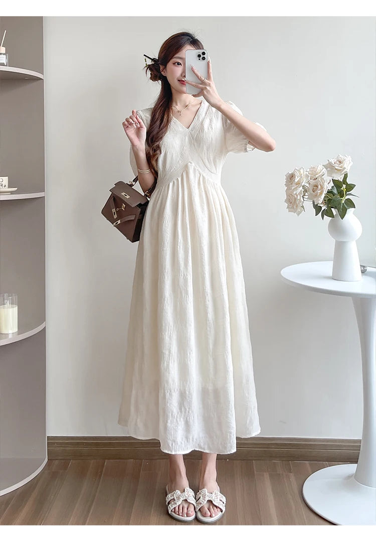 French Style Summer Maternity Pleated Dress High Waist V-neck Short Sleeve Pregnant Woman Elegant Dress Pregnancy Clothes Loose