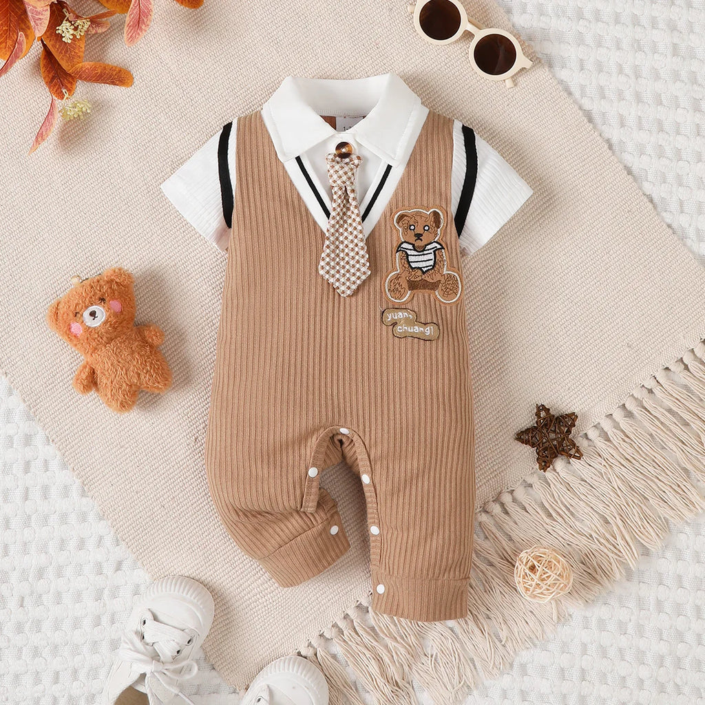 0-18 Months Baby boy Jumpsuit Collar Cartoon Teddy Bear Short Brown Jumpsuit for Birthday Party Little Gentleman Jumpsuit