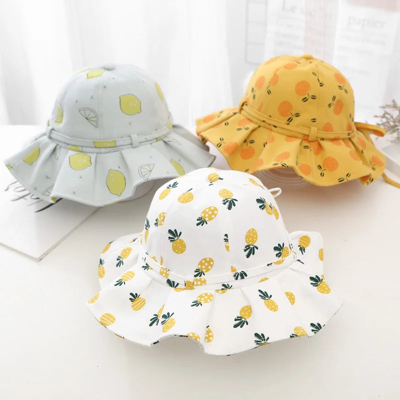 Sweet Baby Summer Hat for Girls Cotton Fruit Print Kids Bucket Hats Bowknot Princess Children Sun Cap Beach Travel 1-3Y