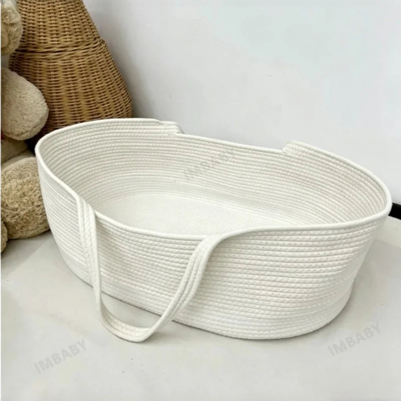 Portable Cotton Rope Baby Moses Basket, Breathable Woven Newborn Sleeping Bed with Handle, 2-in-1 Nursery Storage Organizer