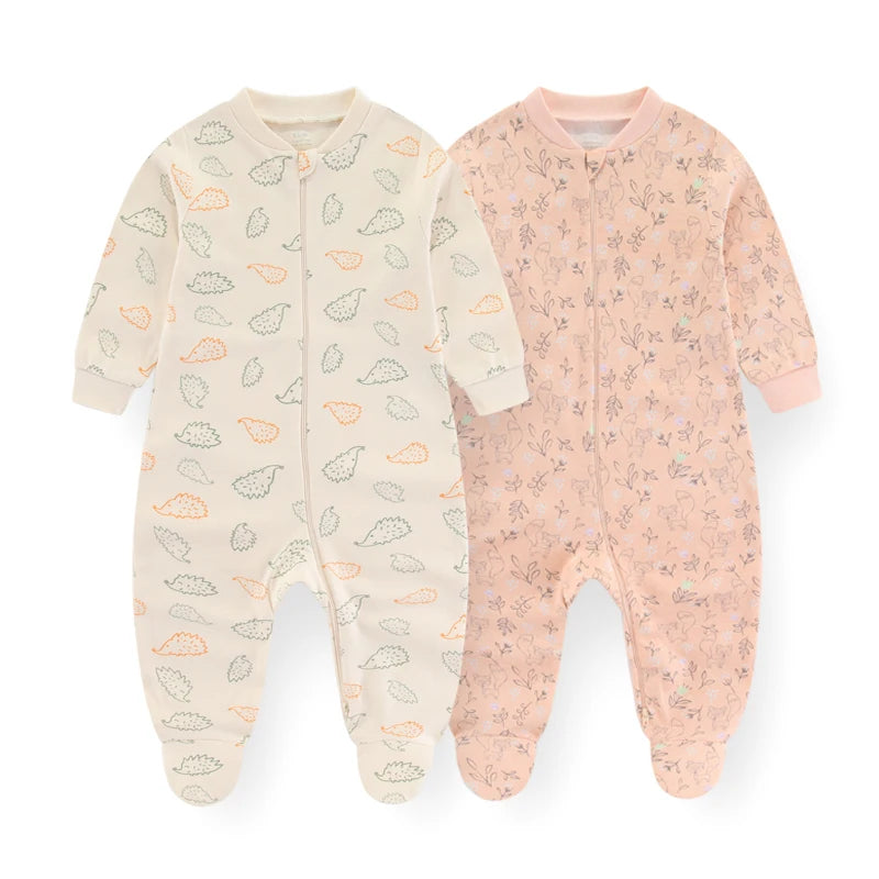 Kiddiezoom Cartoon Long Sleeve Zipper Baby Romper 0-12 Months 2 Pcs Lot 100 Percent Cotton