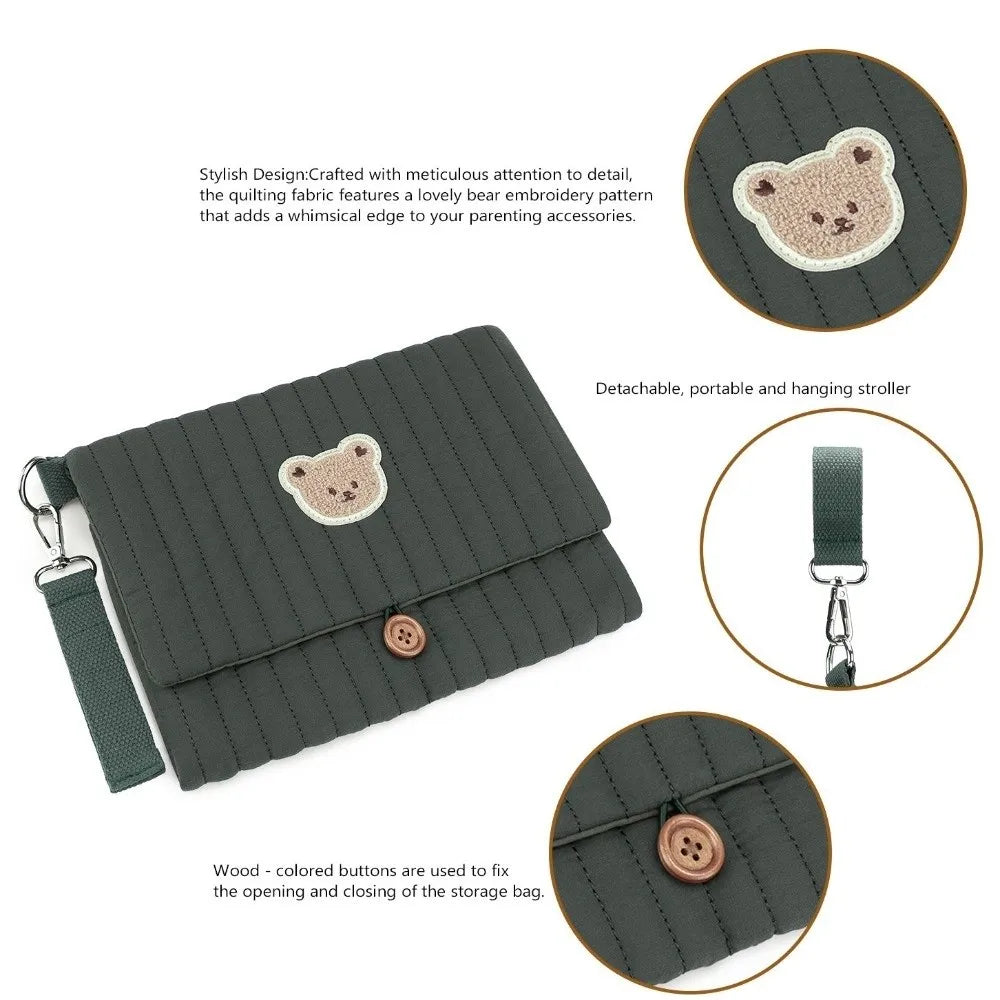 Cute Baby Hanging Diaper Bag Multi-Compartment Cotton Foldable Storage Pouch with Wipe Holder Detachable Strap
