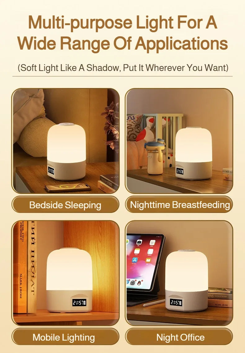 LED Bedside Lamp with Clock Display Touch Control Dimmable Night Light USB Rechargeable for Bedroom Baby Feeding