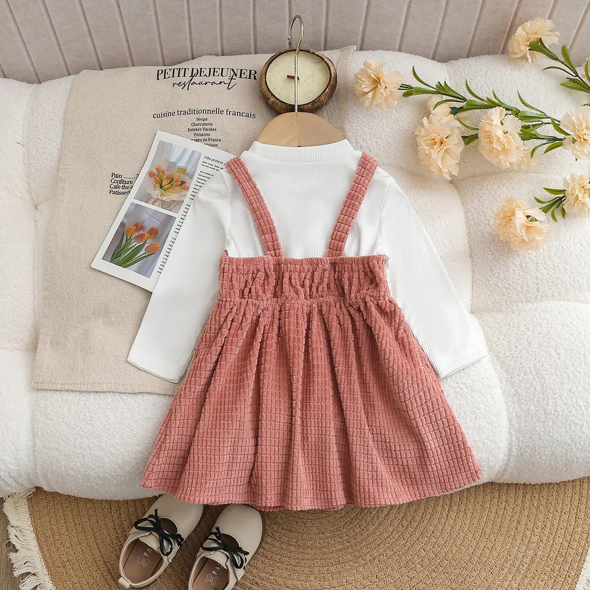 Baby Girl Spring Autumn Outfit White Long Sleeve Base Shirt + Bean Paste Pink Texture Plaid Butterfly Knot Halter Dress Two-Piec