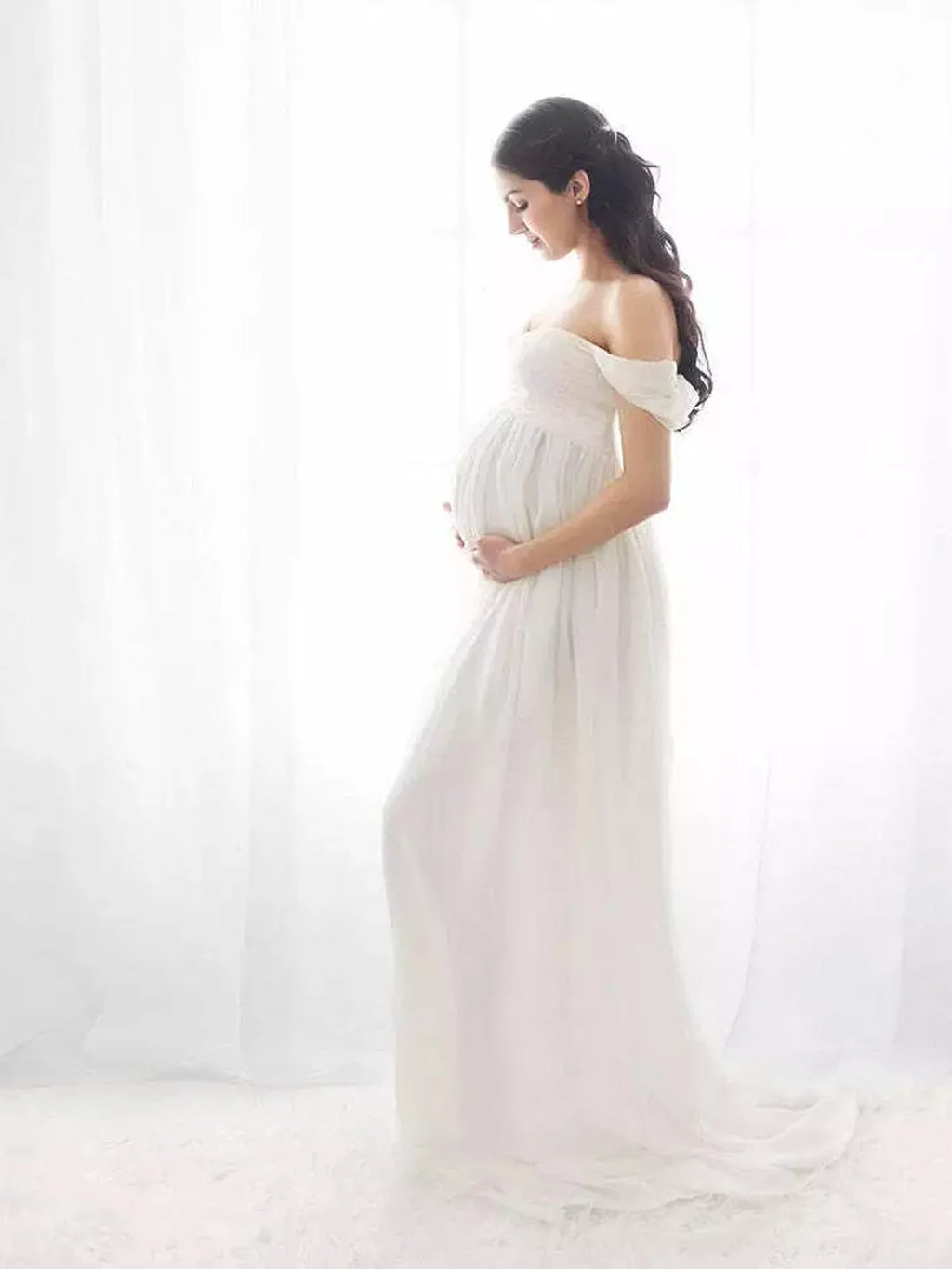 Maternity Lace Dress Sexy Gown Off Shoulder Long Pregnancy Dress Photo Shooting Women Fancy Clothing Slit Dress for Photoshoot