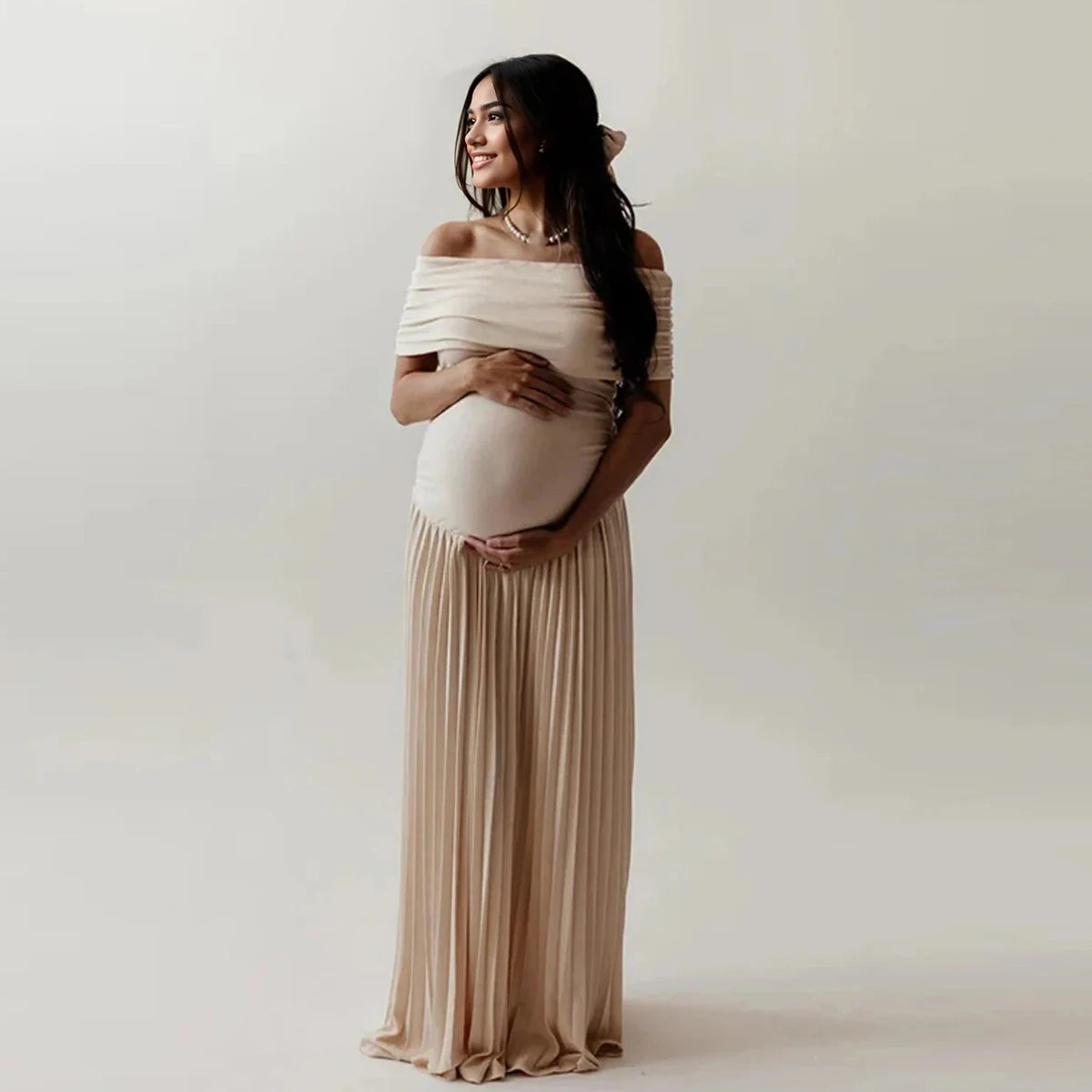 Maternity Off-Shoulder Bodycon  Backless Summer Long Dress Pleated  Maxi Gown for Baby Shower Photoshoot