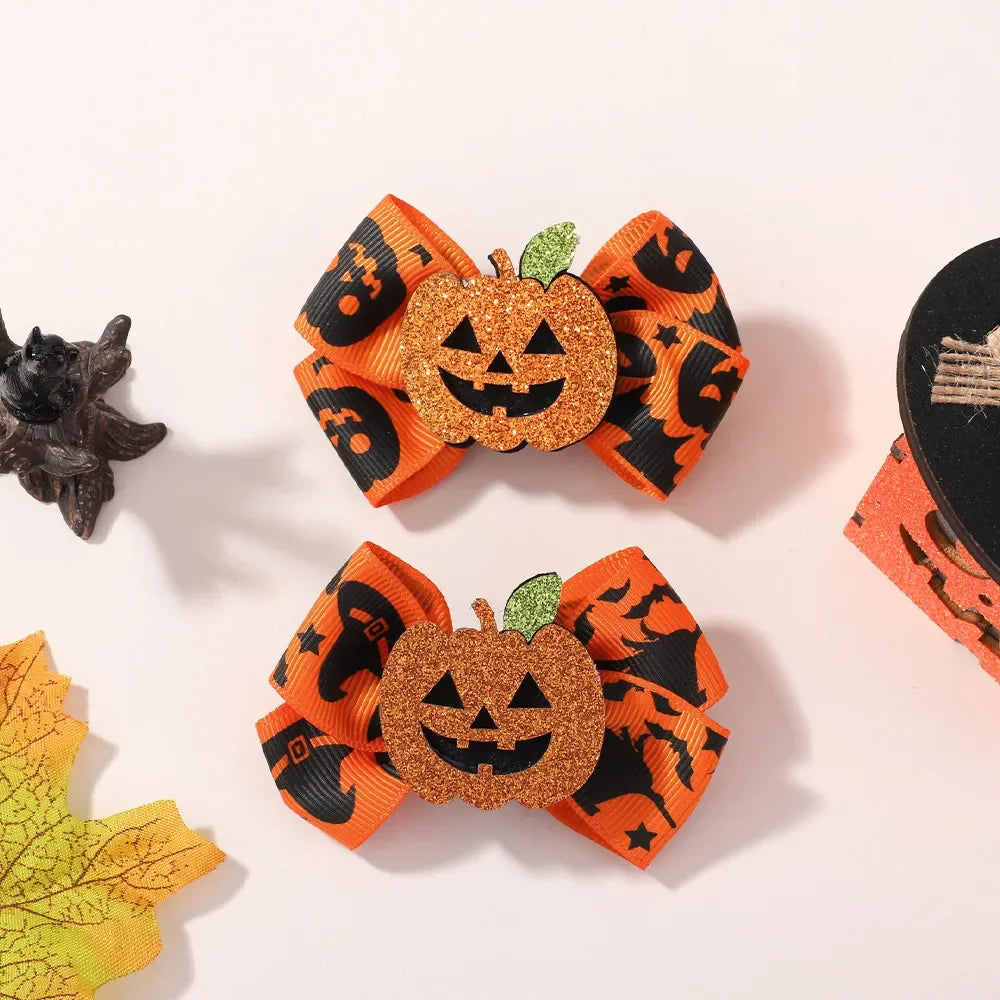 BrandName Halloween Hair Accessories for Kids Girls 2Pcs Set Ribbon Bow Hairpin Ghost Pumpkin Bat Clips