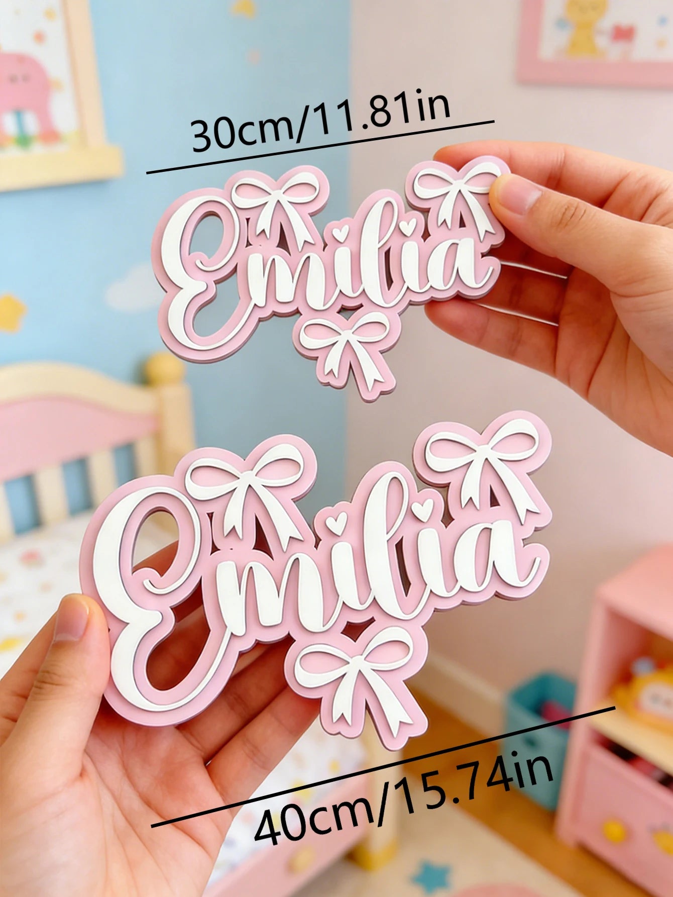 Personalized Wooden Name Sign for Girls – Pink Bow Heart Cursive Nursery Wall Decor