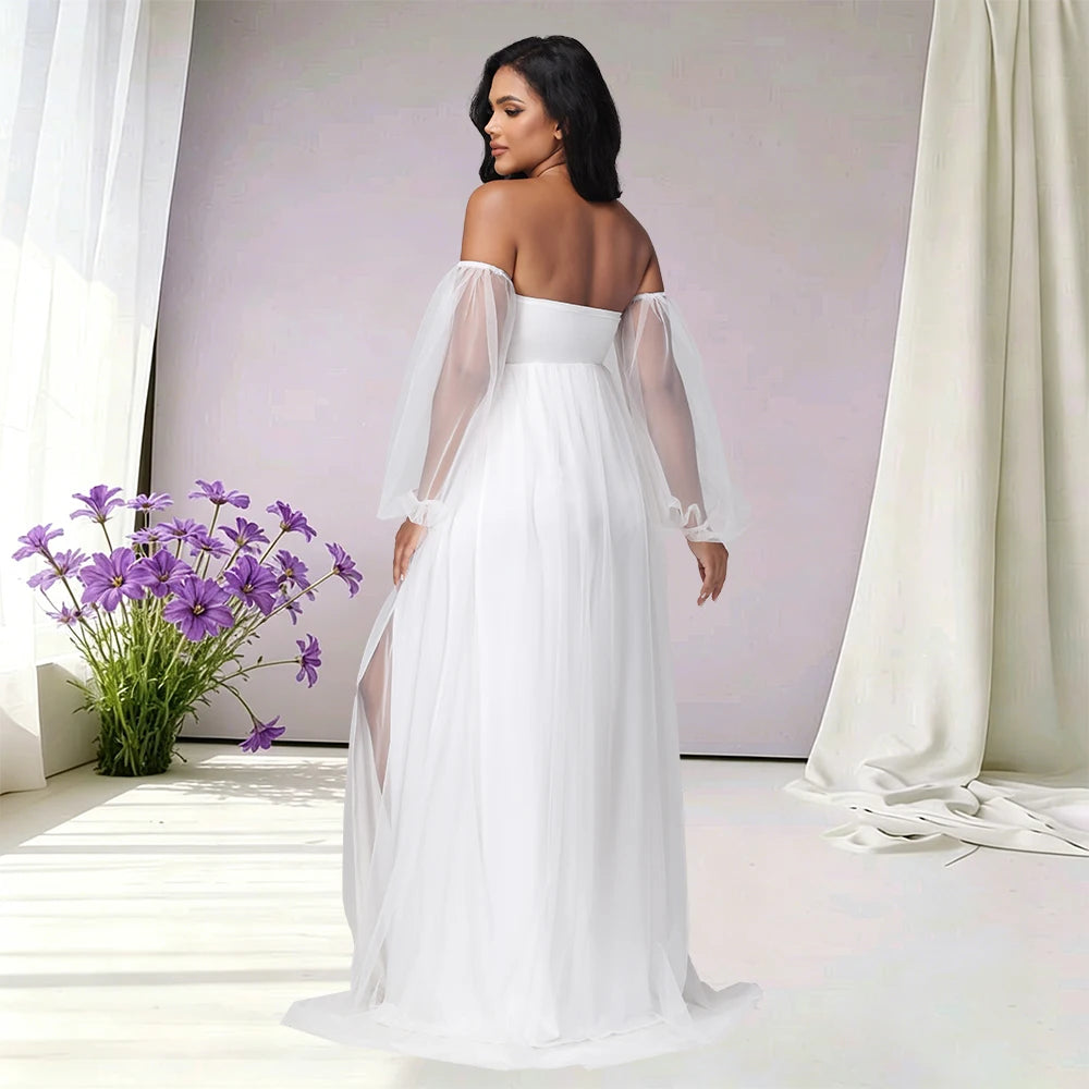 Maternity Sweetheart Neck Puff Sleeves Mesh Dress Side Split Party Gown for Photoshoot
