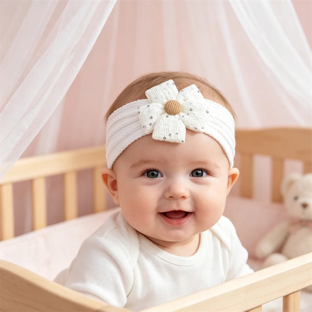 2026 New Arrival Baby Girl Flower Headband Soft Nylon Elastic Turban Sequin Tweed Bow Newborn Hairbands Toddler Hair Accessories