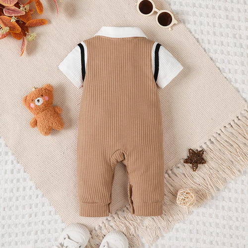 0-18 Months Baby Boy Jumpsuit Collar Cartoon Teddy Bear Print Brown for Party and Everyday Wear