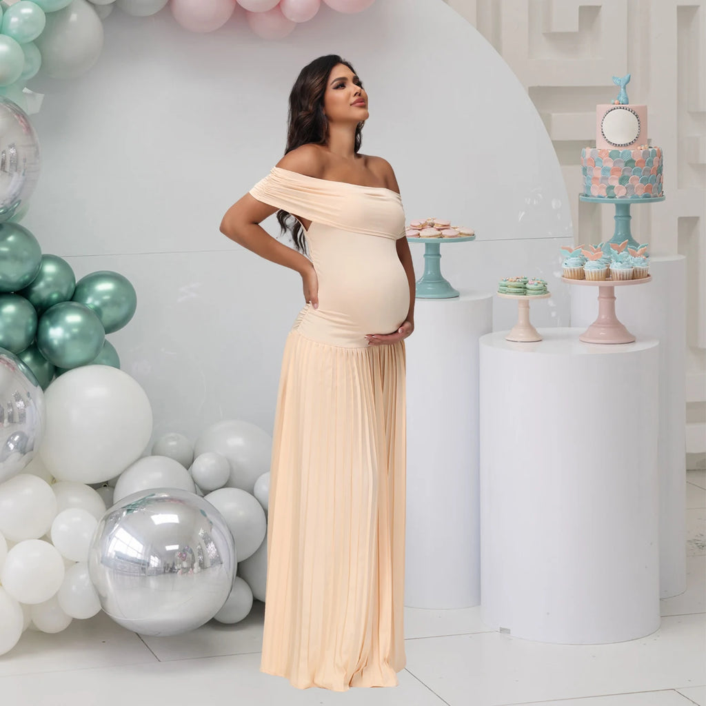 Maternity Off-Shoulder Bodycon  Backless Summer Long Dress Pleated  Maxi Gown for Baby Shower Photoshoot