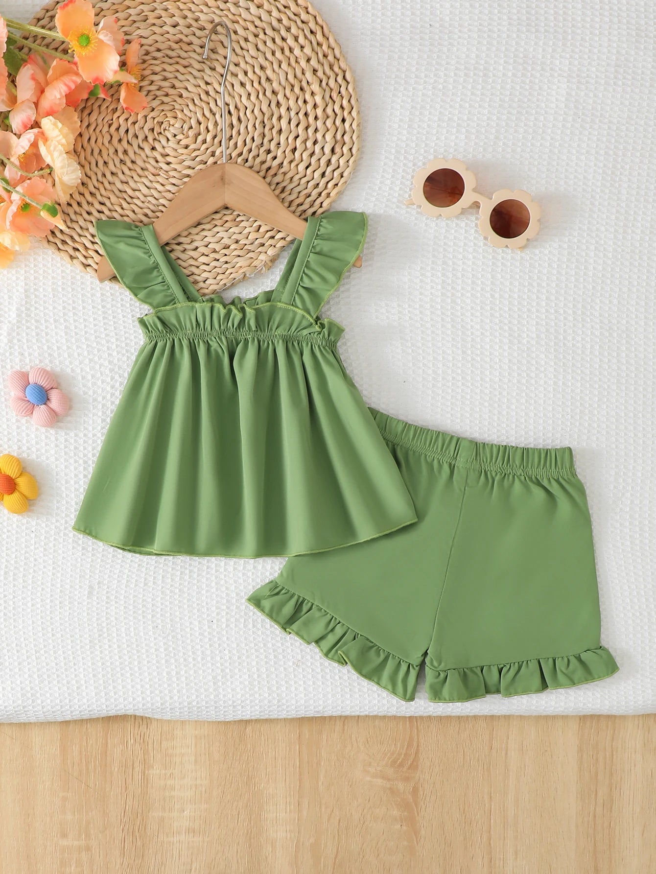 Summer Baby girl Set with Ruffled Knitted Flower Top and Shorts Fashion Suit suitable for Cute Female Babies aged 0-3 Years old