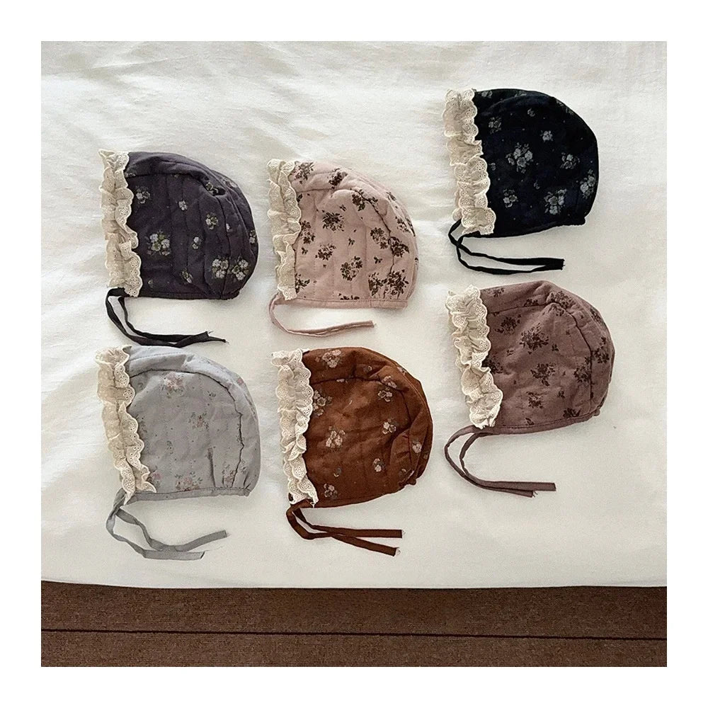 Children Warm Winter Cap Kids Girls Quilted Earflap Hat for Newborns Baby Floral Print Lace Trim Bonnet for Girls Accessories