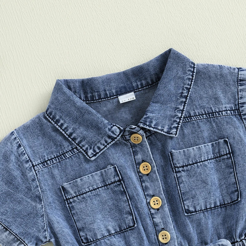 1-5Y Girls Kids Denim Overalls Shorts Short Sleeves Turn Down Collar Button Down Elastic Waist Jean Romper Jumpsuits Clothes