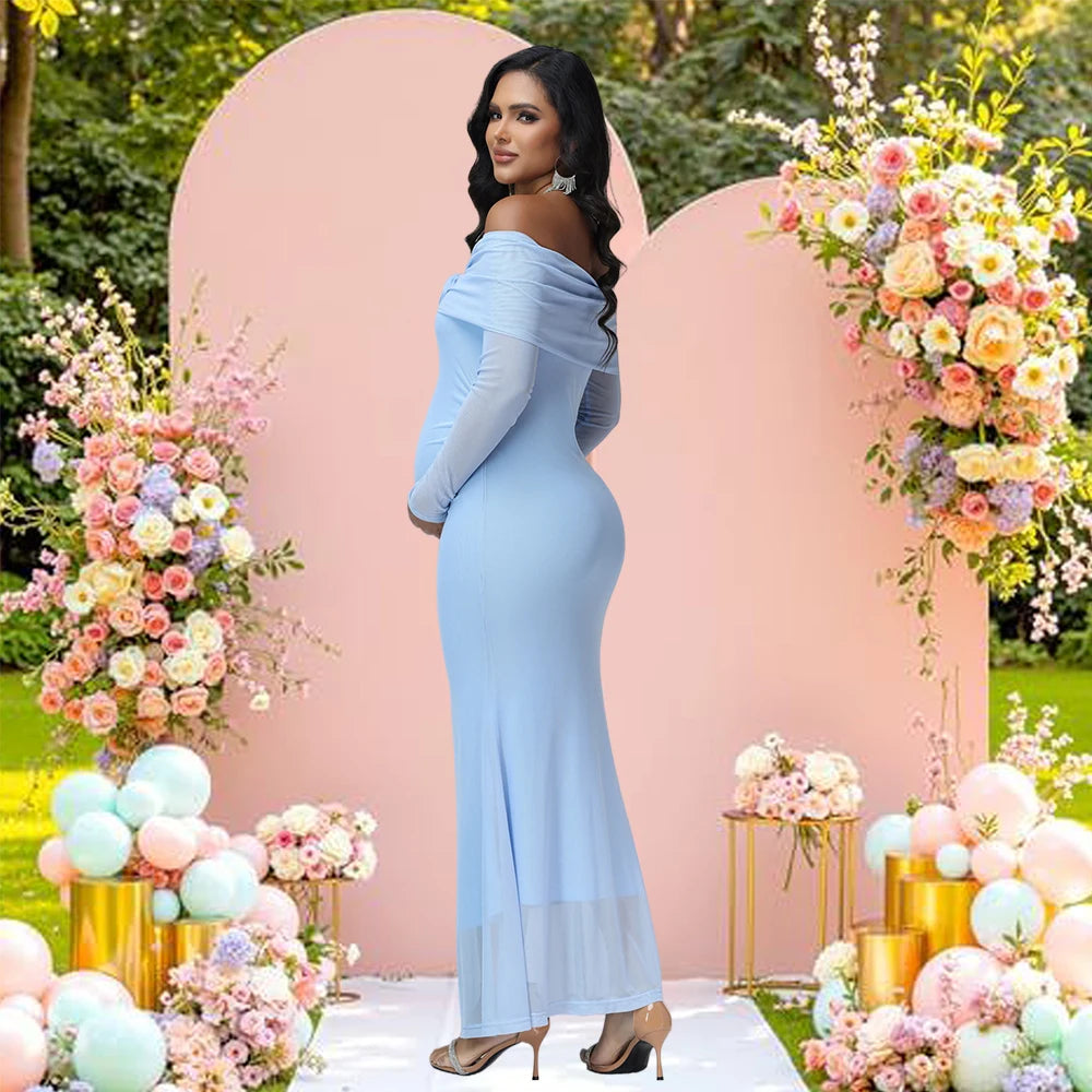 Maternity 3D Floral Off Shoulder Long Sleeve Mesh Long Dress Elegant Fitted Gown for Baby Shower Photoshoot