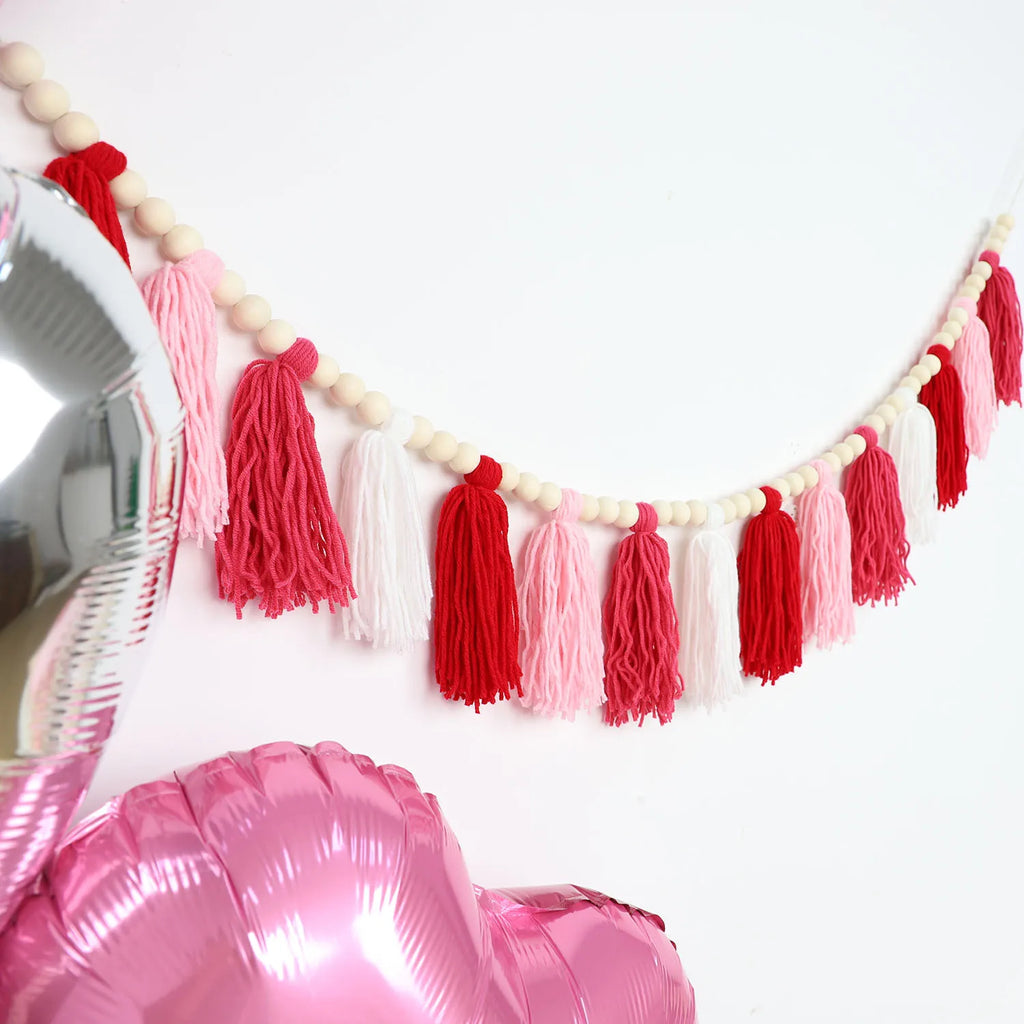 Bohemian Wooden Bead Garland with Red Tassels - Wall Decoration