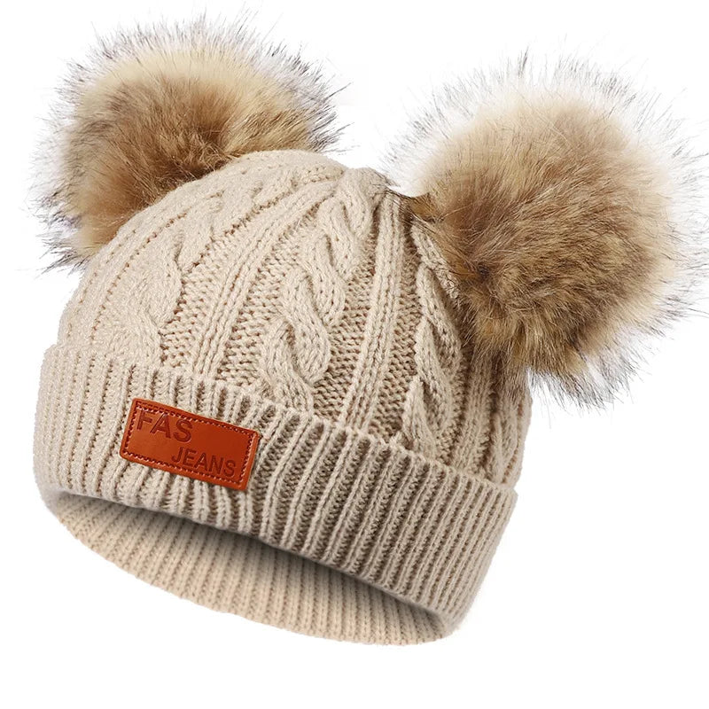 Winter Children Scarf And Hat Three Piece Set With Pom Pom Baby Infant Knitted Hat Warm Wool Thickened