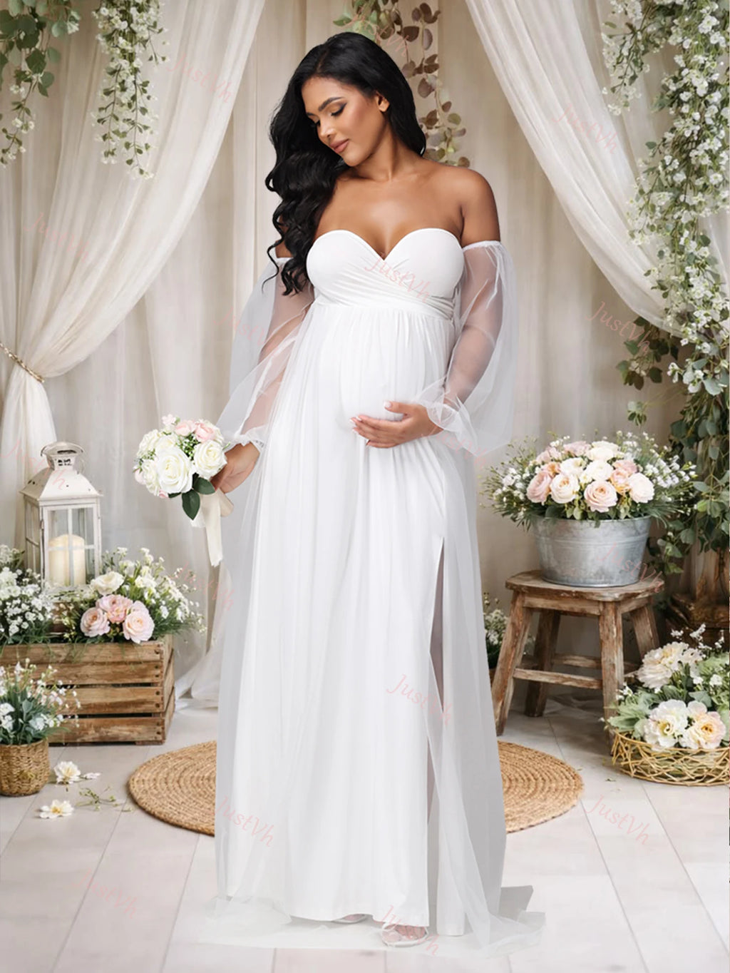 Maternity Sweetheart Neck Puff Sleeves Mesh Dress Side Split Party Gown for Photoshoot