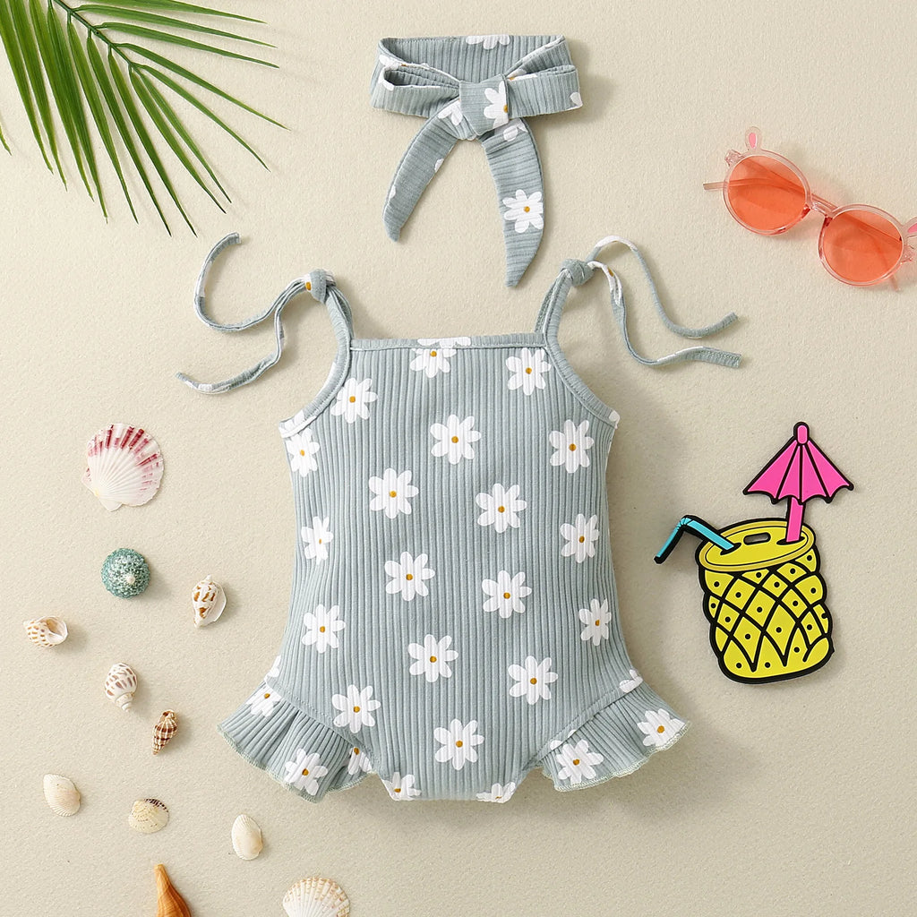 2PCS Summer Girl Crawling clothes Short Sleeve Cotton Short Sleeve  Round Necked Striped Clothes with Flower Printing Headband