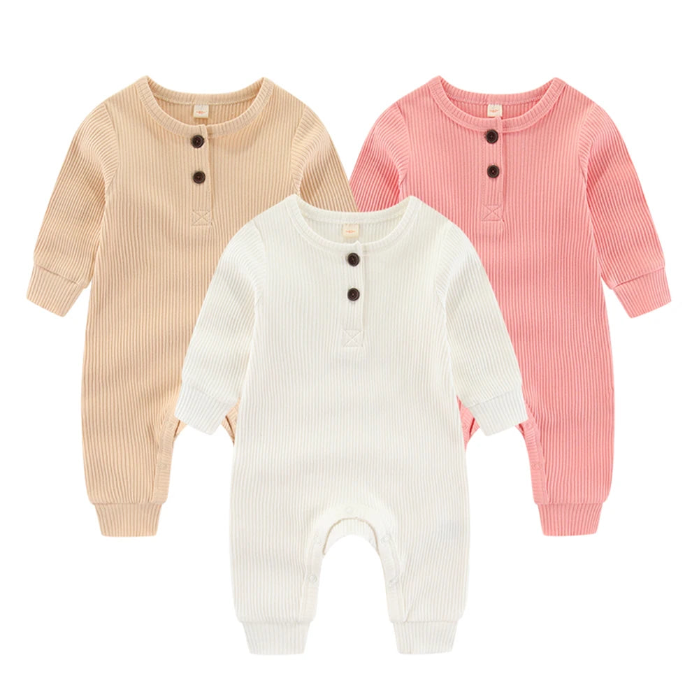 Unisex Infant Jumpsuit Set 3-Piece Solid Color Long Sleeve Rompers 0-24 Months For Babies