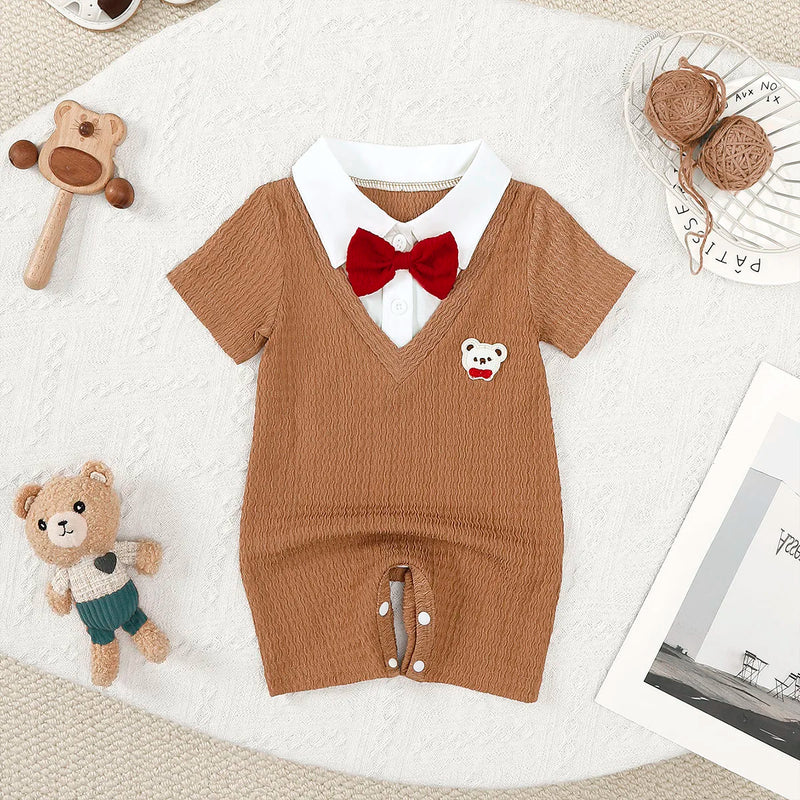 0-18 Month Baby boy Bodysuit Collar Bow Color Blocking, Cute Little bear jumpsuit Summer Newborn Baby boy Short sleeved Jumpsuit