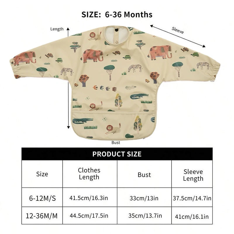 Long Sleeved Baby Feeding Bibs Cartoon Art Smock with Pocket Waterproof Children' Mealtime Dining Apron for Toddlers Boys Girls