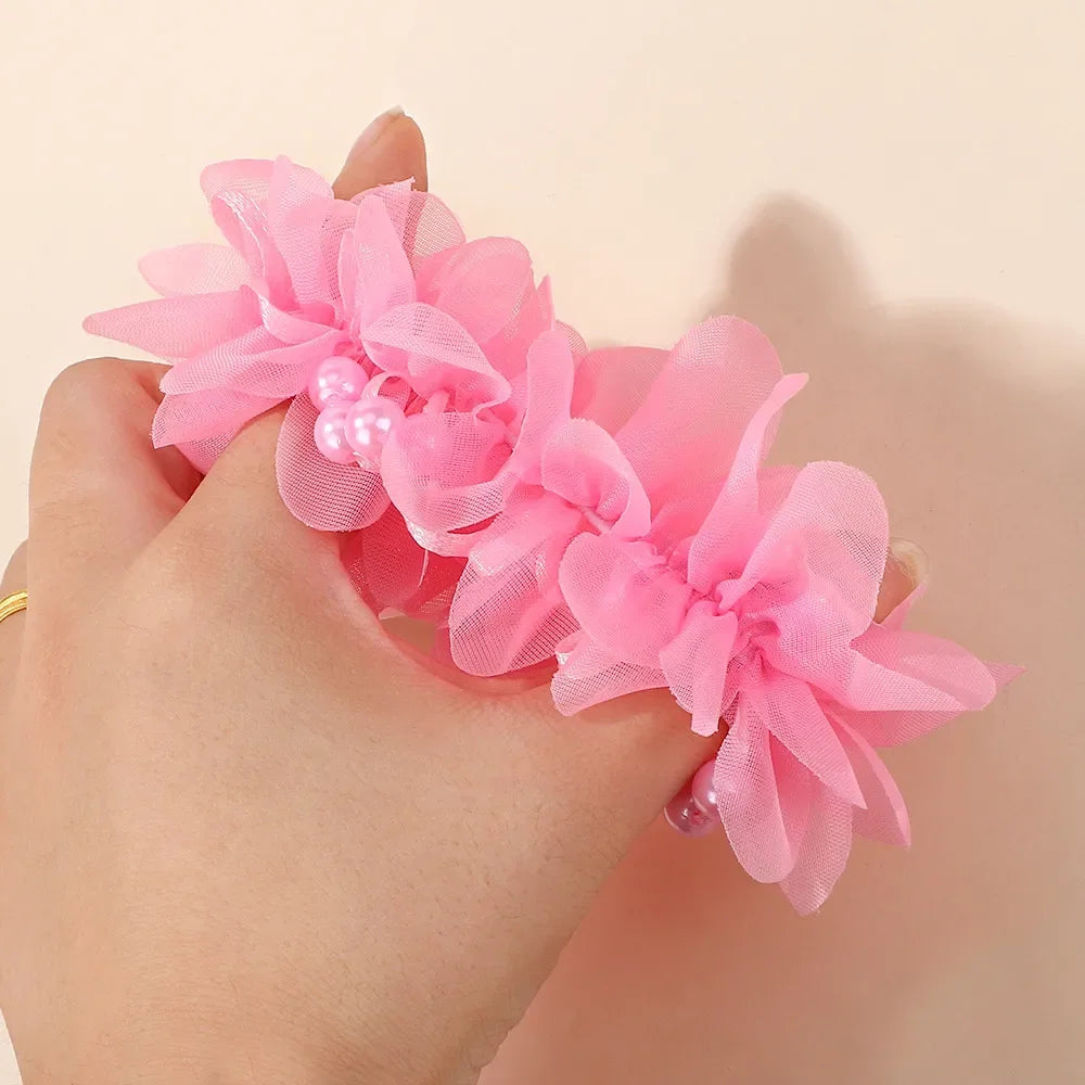 2Pcs Kids Hair Bands Set for Girls Elastic Rubber Bands Chiffon Flowers Beads Ponytail Holder Children's Hair Accessories Gift
