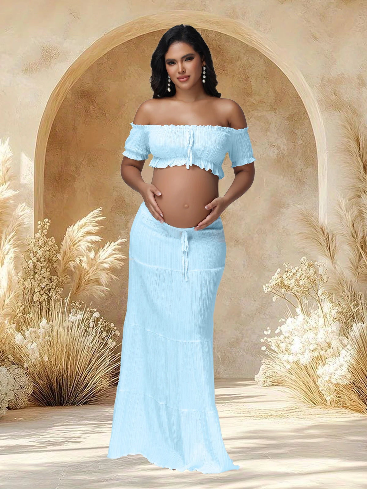 2Piece Maternity Dress Set Ruffle Tube Top and Maxi Skirt for Photoshoot Baby Shower Model MTR2PCRA
