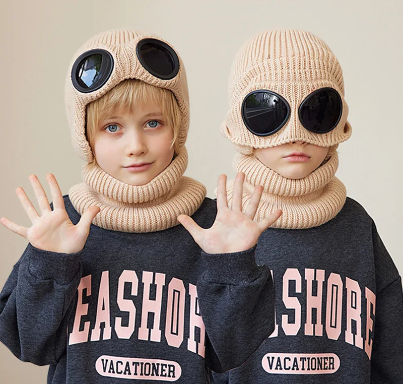 Skiing Children Winter Hat Scarf Set Knitted Kids Beanie with Goggles Ears Protection Child Bonnet Hats for Girls Boys 4-10Y