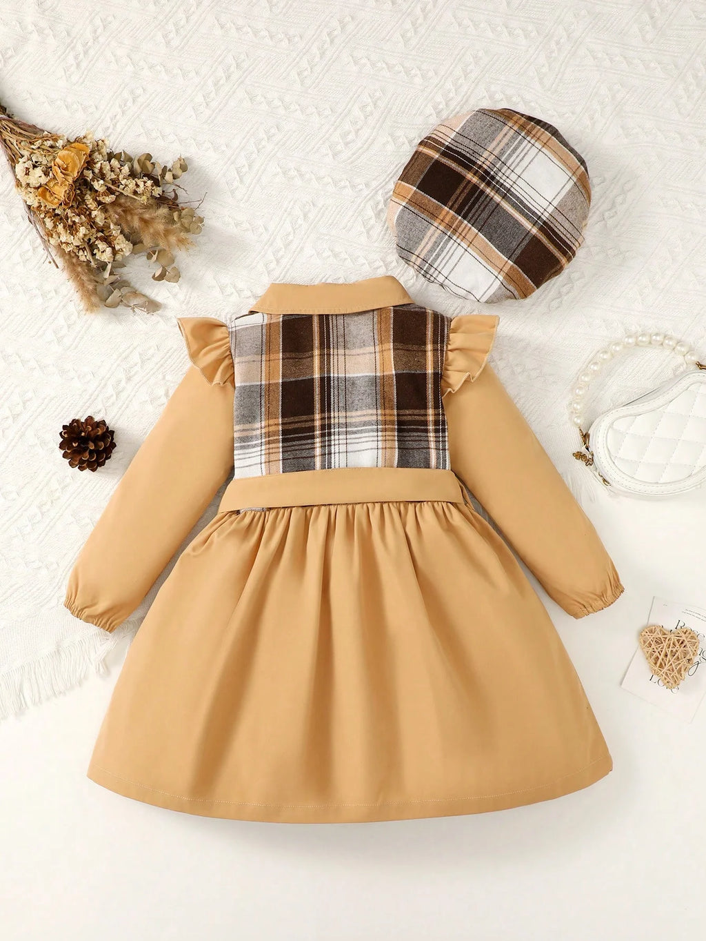 4-7 Years Girls Dress Lapel plaid splice Long Sleeve Fashion Dress + Belt + Hat 3Pcs Spring Autumn Girls Temperament Dress