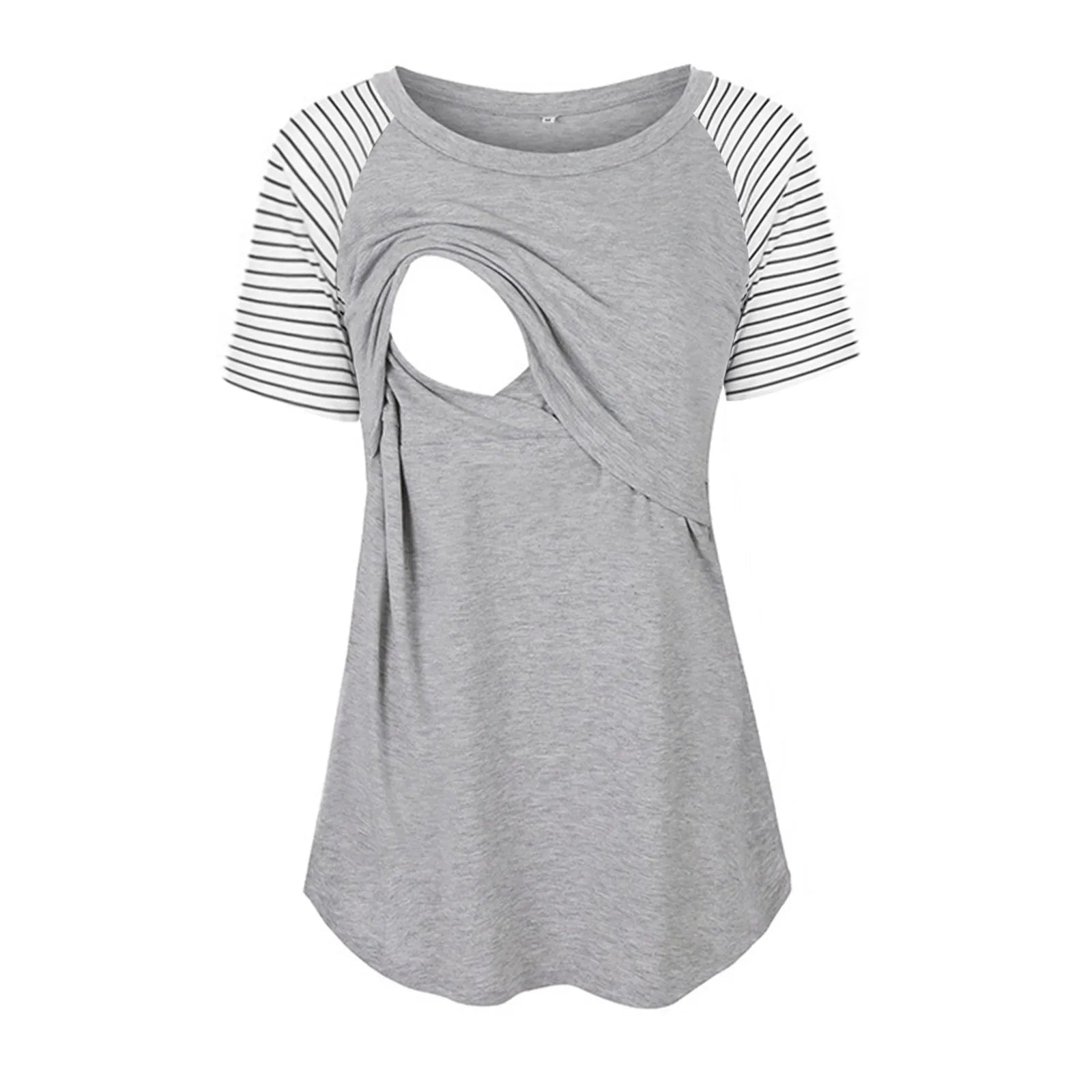 Women Maternity Short Sleeve Nursing Patchwork Color Tops Breastfeeding Blouse