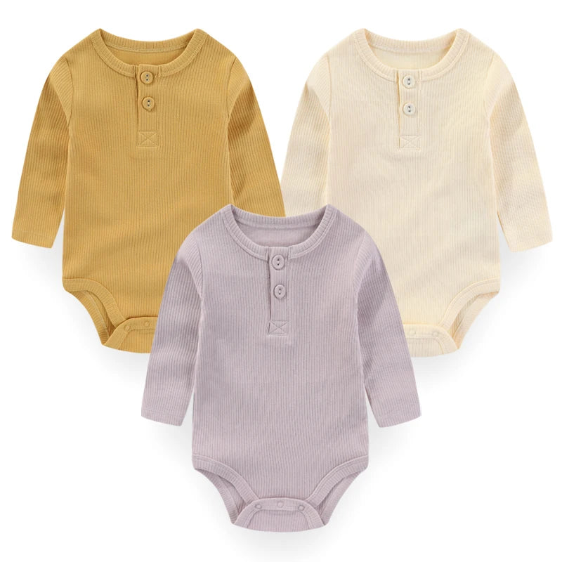 Brand 3-Piece Solid Color Baby Unisex Bodysuits Long Sleeve Newborn Rompers 0-24 Months Four Seasons Infant Clothes