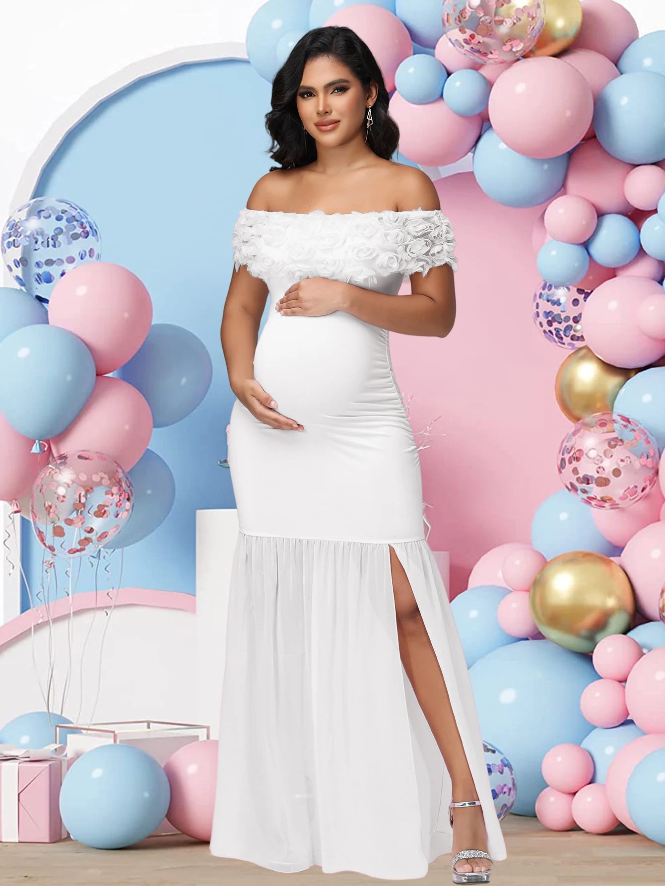 Maternity Floral Off Shoulder Long Dress Chiffon Split Hem For Photoshoots Gown Baby Shower